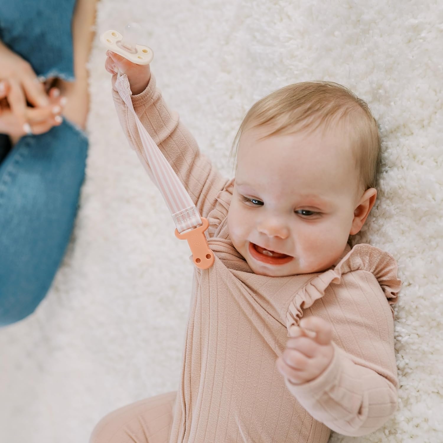 image:imageDr Browns Pacifier Clips Universal Fit Fabric Strap for Pacifiers Flowers and Stripes BPAFree 018 Months 2PackPink and White