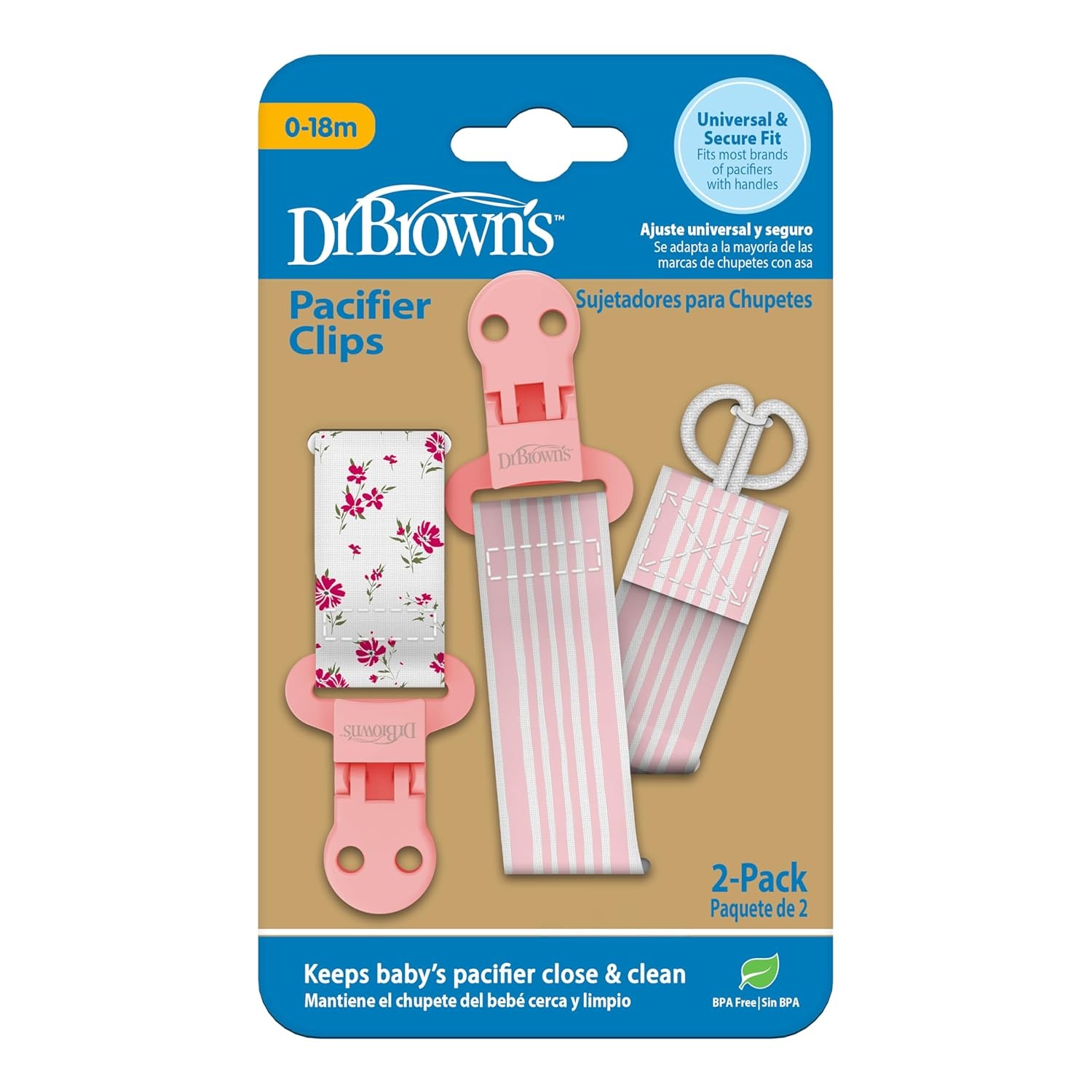 image:imageDr Browns Pacifier Clips Universal Fit Fabric Strap for Pacifiers Flowers and Stripes BPAFree 018 Months 2PackPink and White