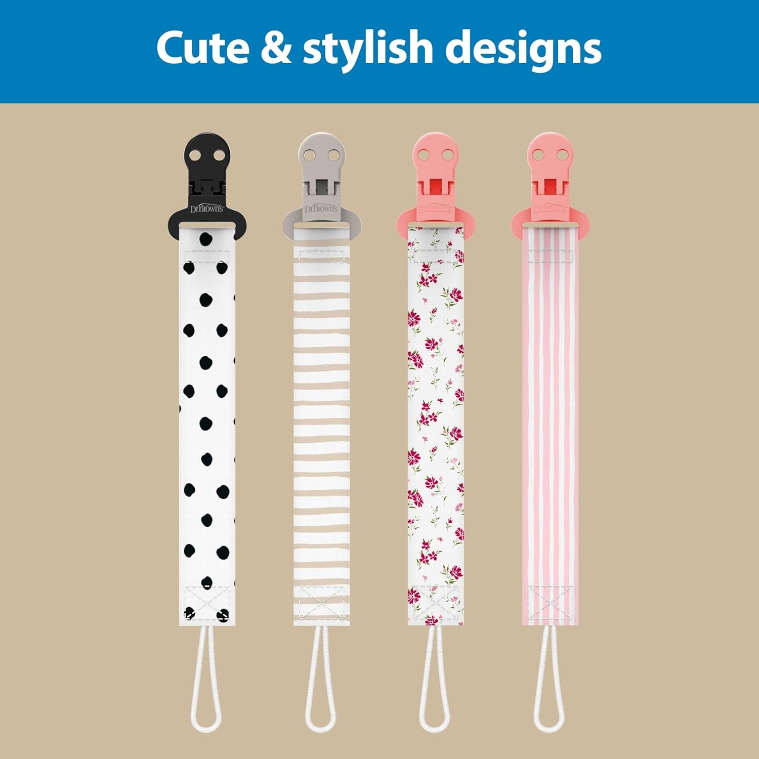 image:imageDr Browns Pacifier Clips Universal Fit Fabric Strap for Pacifiers Flowers and Stripes BPAFree 018 Months 2PackPink and White