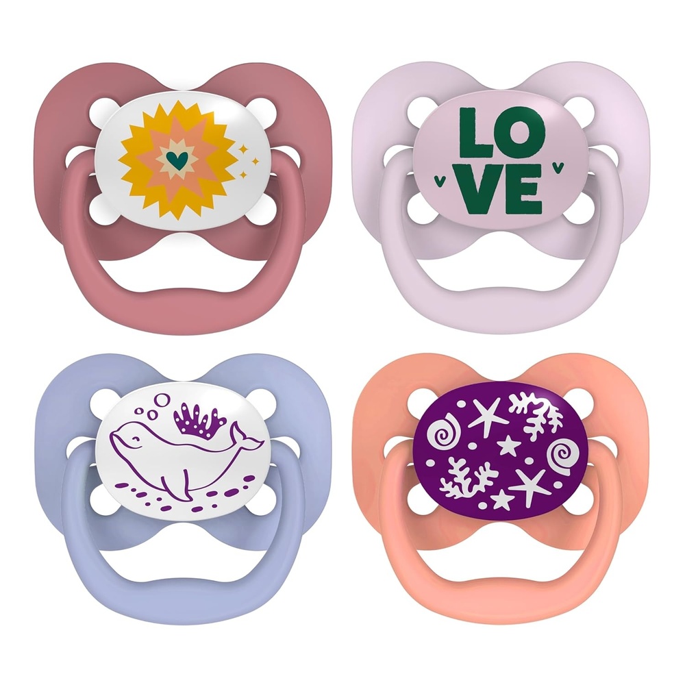 image:imageDr Browns Advantage GlowinTheDark Baby Pacifier Fully Symmetrical Soother with Soft Silicone Bulb Lavender LoveCoral Ocean 06m BPA Free 4 Pack