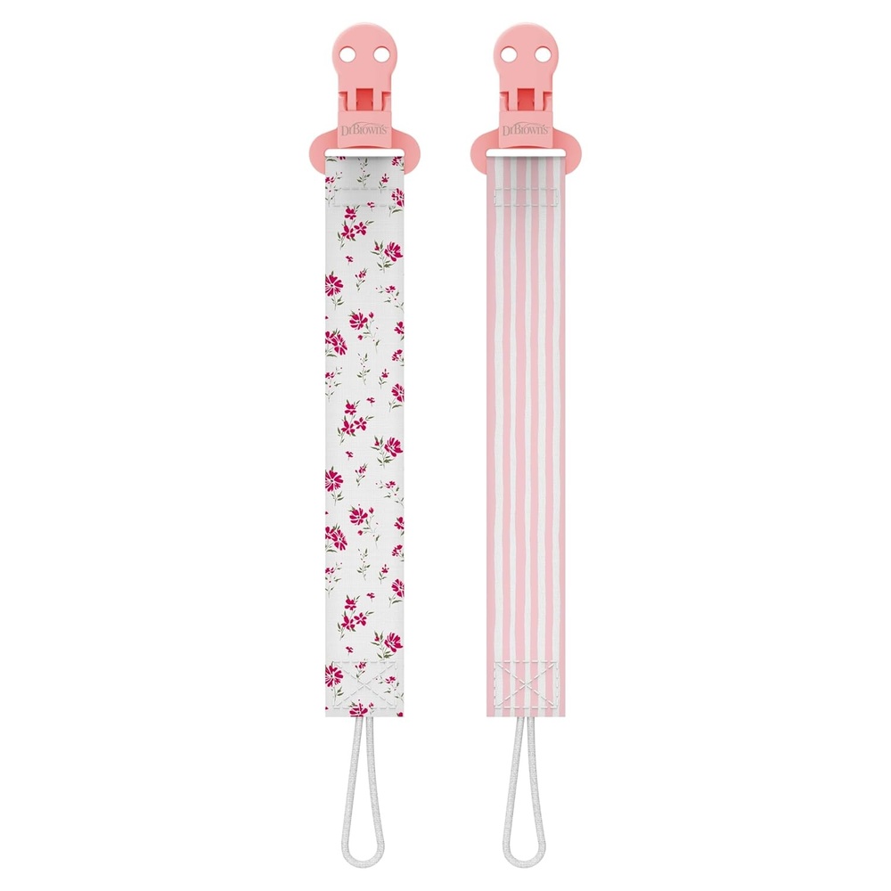 image:imageDr Browns Pacifier Clips Universal Fit Fabric Strap for Pacifiers Flowers and Stripes BPAFree 018 Months 2PackPink and White