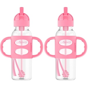 image:imageDr Browns Milestones Narrow Sippy Straw Bottle SpillProof with 100 Silicone Handles and Weighted Straw 8 oz250 mL Green 6mPink  Pink