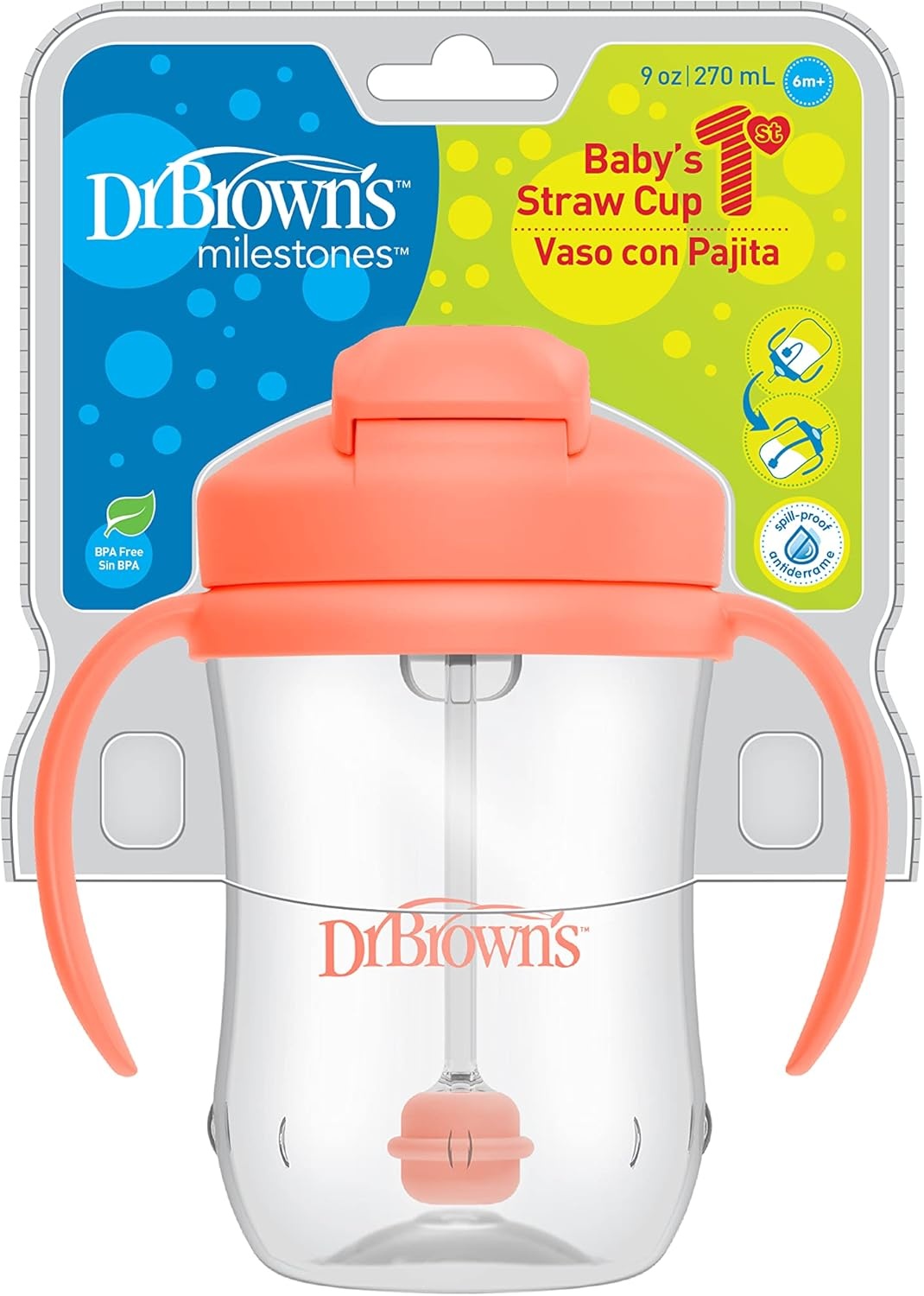 image:imageDr Browns Milestones Babys First Straw Cup Training Cup with Weighted Straw 9oz270mL Dark BlueVintage Yellow BPA Free 6m 2 PackCoral 1Pack
