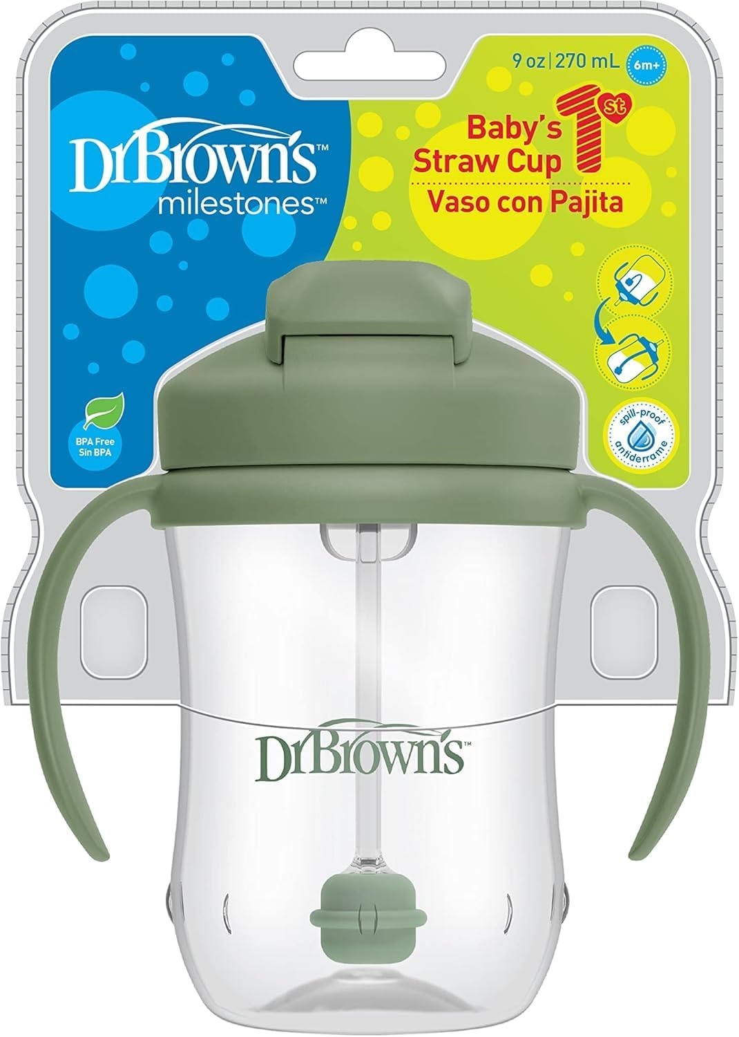 image:imageDr Browns Milestones Babys First Straw Cup Training Cup with Weighted Straw 9oz270mL Dark BlueVintage Yellow BPA Free 6m 2 PackOlive Green 1Pack