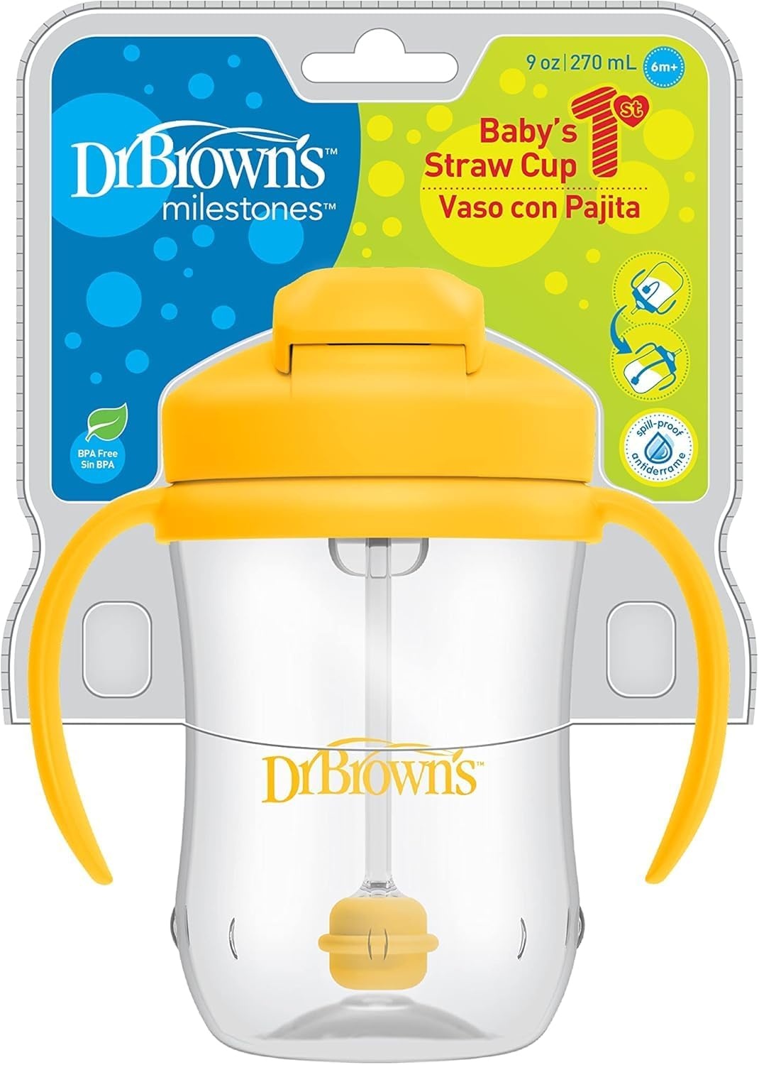 image:imageDr Browns Milestones Babys First Straw Cup Training Cup with Weighted Straw 9oz270mL Dark BlueVintage Yellow BPA Free 6m 2 PackVintage Yellow 1Pack