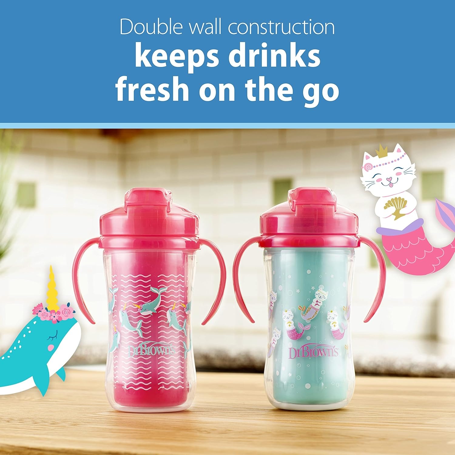 image:imageDr Browns Milestones Insulated Sippy Cup with Straw and Handles SpillProof Tumbler with Lid 2Pack Pink 10 oz300 mL BPA Free 12m