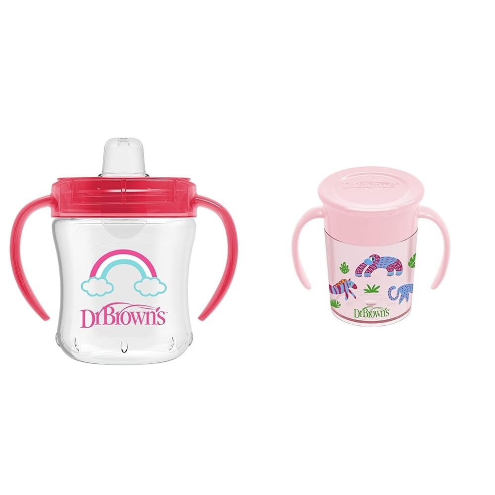 image:imageDr Browns Transition Sippy Cup with Soft Spout Pink 6oz 6m amp Milestones Cheers 360 Cup Spoutless Transition Cup with Handles for Easy Grip and LeakFree Learning Pink Safari 7 oz200 mL