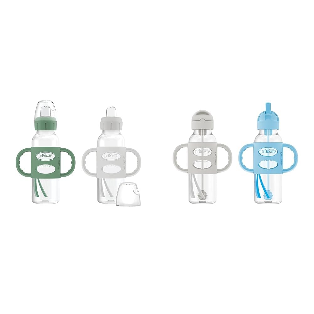 image:imageDr Browns Milestones Sippy Bottle 2Pack with Level 3 MediumFast Flow Nipple 6Pack for 6 Months Plus Babies2 Pack Green Gray