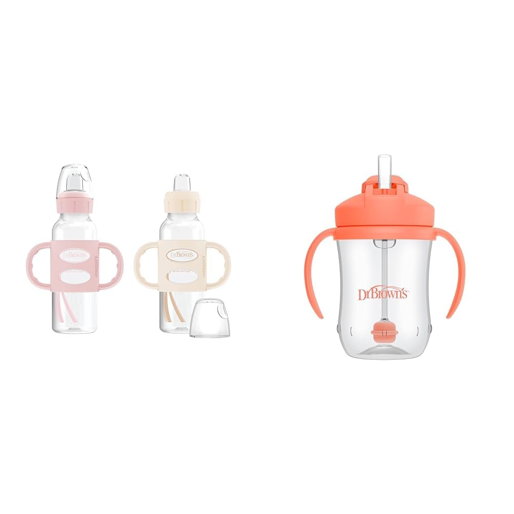image:imageDr Browns Milestones Sippy Bottle 2Pack with Level 3 MediumFast Flow Nipple 6Pack for 6 Months Plus Babies2 Pack Light Pink Ecru