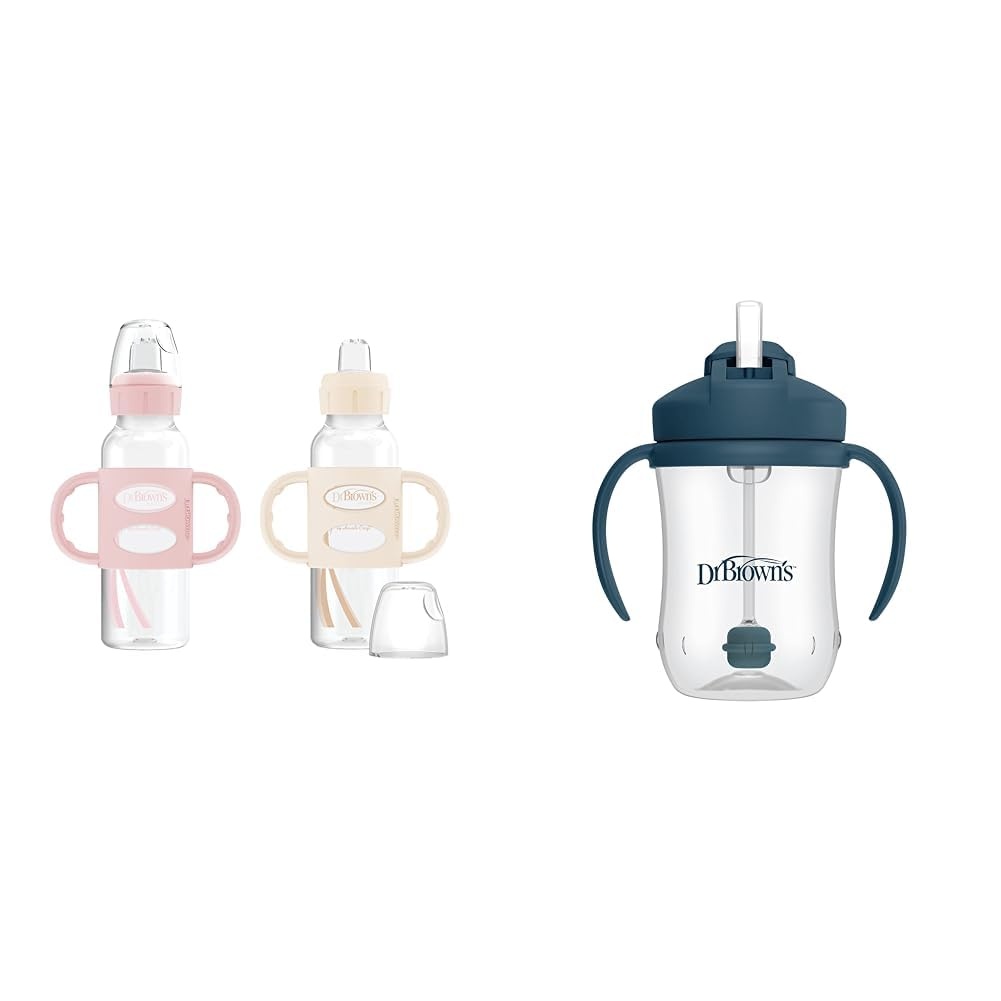 image:imageDr Browns Milestones Sippy Bottle 2Pack with Level 3 MediumFast Flow Nipple 6Pack for 6 Months Plus Babies2 Pack Light Pink Ecru