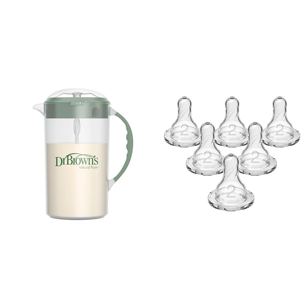 image:imageDr Browns Baby Formula Mixing Pitcher with Adjustable Stopper Locking Lid amp No Drip Spout amp Dr Browns Natural Flow Level 2 Narrow Baby Bottle Silicone Nipple Medium Flow 3m
