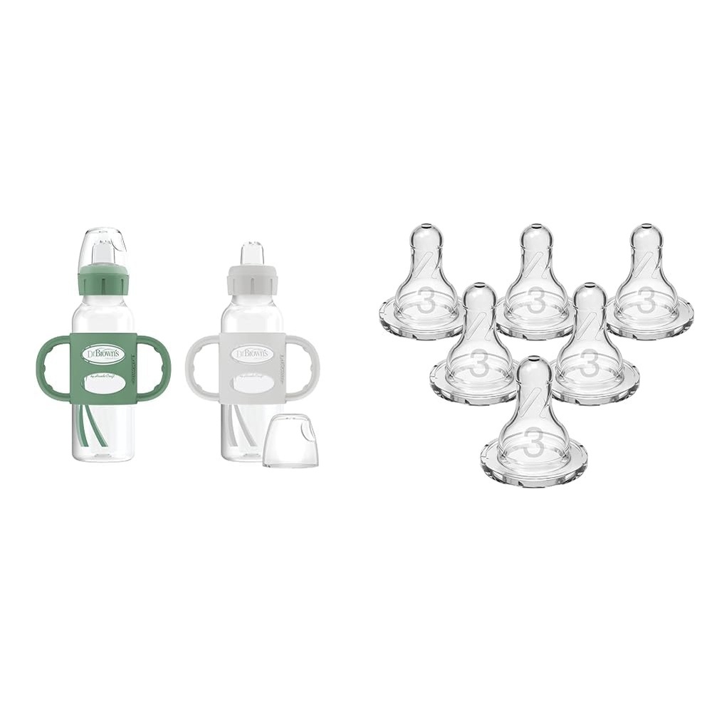 image:imageDr Browns Milestones Sippy Bottle 2Pack with Level 3 MediumFast Flow Nipple 6Pack for 6 Months Plus Babies2 Pack Green Gray