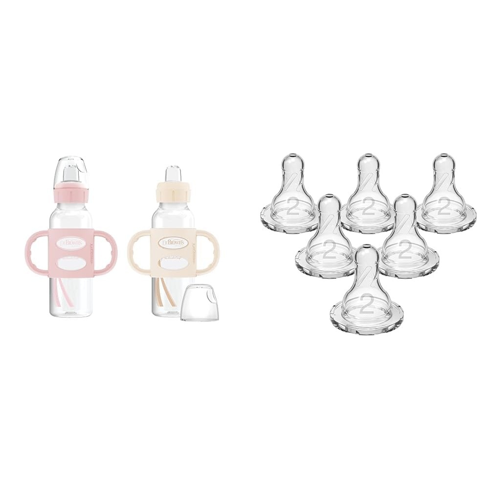 image:imageDr Browns Milestones Sippy Bottle 2Pack with Level 3 MediumFast Flow Nipple 6Pack for 6 Months Plus Babies2 Pack Light Pink Ecru