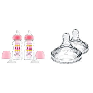 image:imageDr Browns AntiColic Options Sippy Bottle Starter Kit with 2 WideNeck Baby Bottles Level 2 Medium Flow 100 Silicone Nipples 9oz 270mL Pink 6m