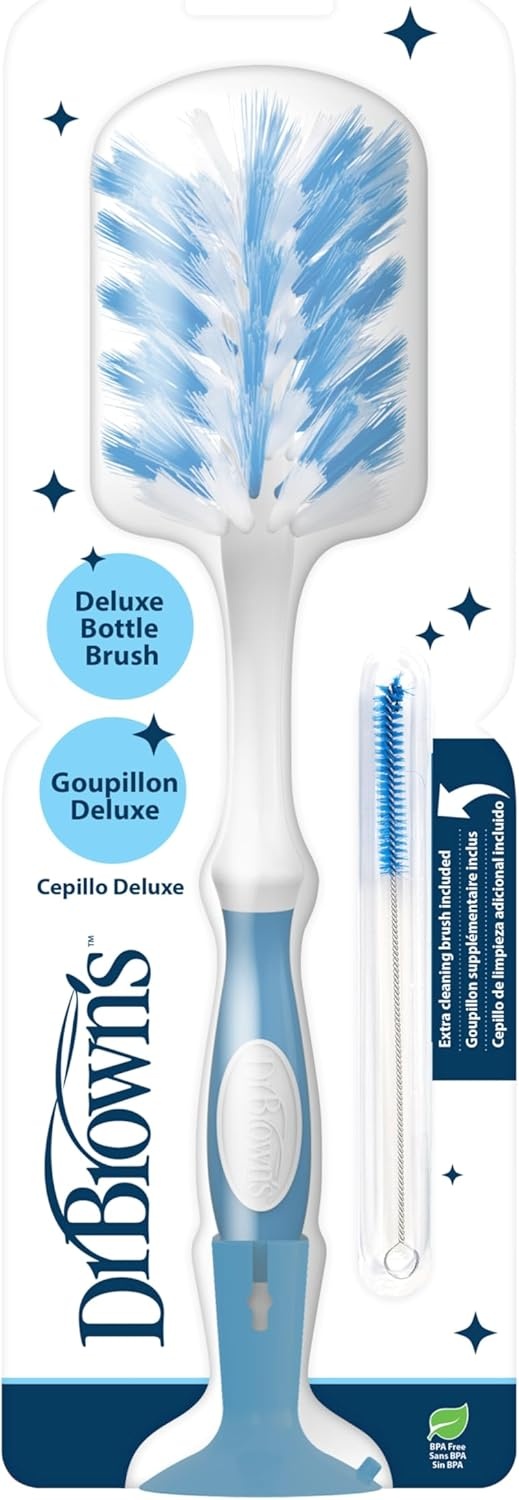 image:imageDr Browns Deluxe Bottle Brush for Cleaning Baby Bottles Nipples and Sippy Cups with Suction Cup Stand and Vent Brush BPAFree Blue 1Pack Packaging and Color May Vary1Pack Blue