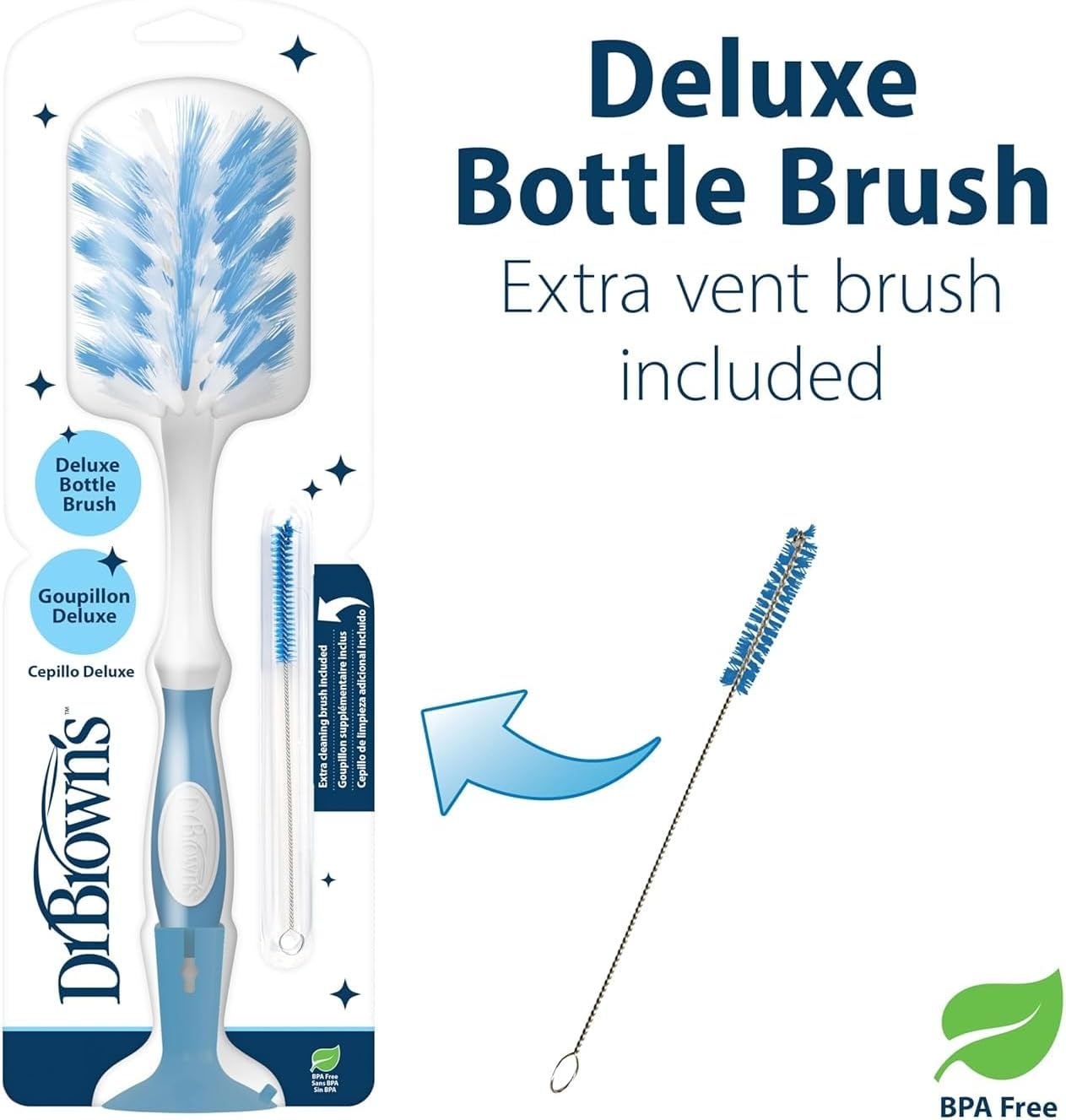 image:imageDr Browns Deluxe Bottle Brush for Cleaning Baby Bottles Nipples and Sippy Cups with Suction Cup Stand and Vent Brush BPAFree Blue 1Pack Packaging and Color May Vary3Pack Blue