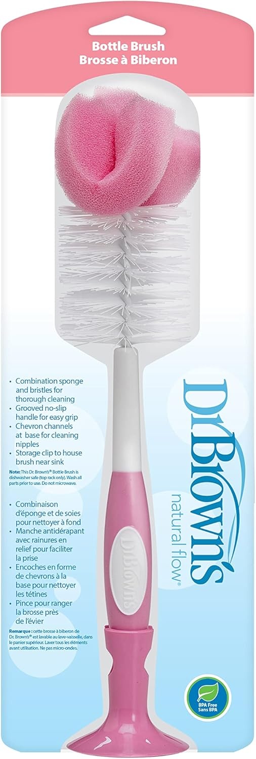 image:imageDr Browns Reusable Sponge Baby Bottle Cleaning Brush with Suction Cup Stand Scrubber and Nipple Cleaner Pink 1PackPink Bottle Brush