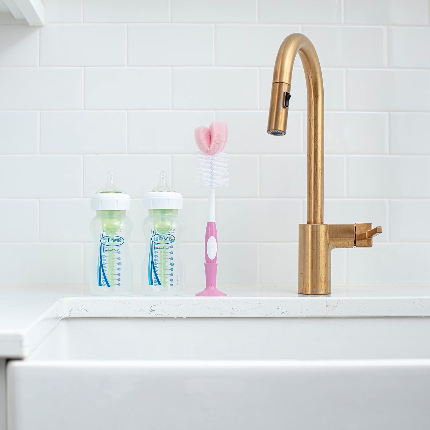 image:imageDr Browns Reusable Sponge Baby Bottle Cleaning Brush with Suction Cup Stand Scrubber and Nipple Cleaner Pink 1PackPink Bottle Brush