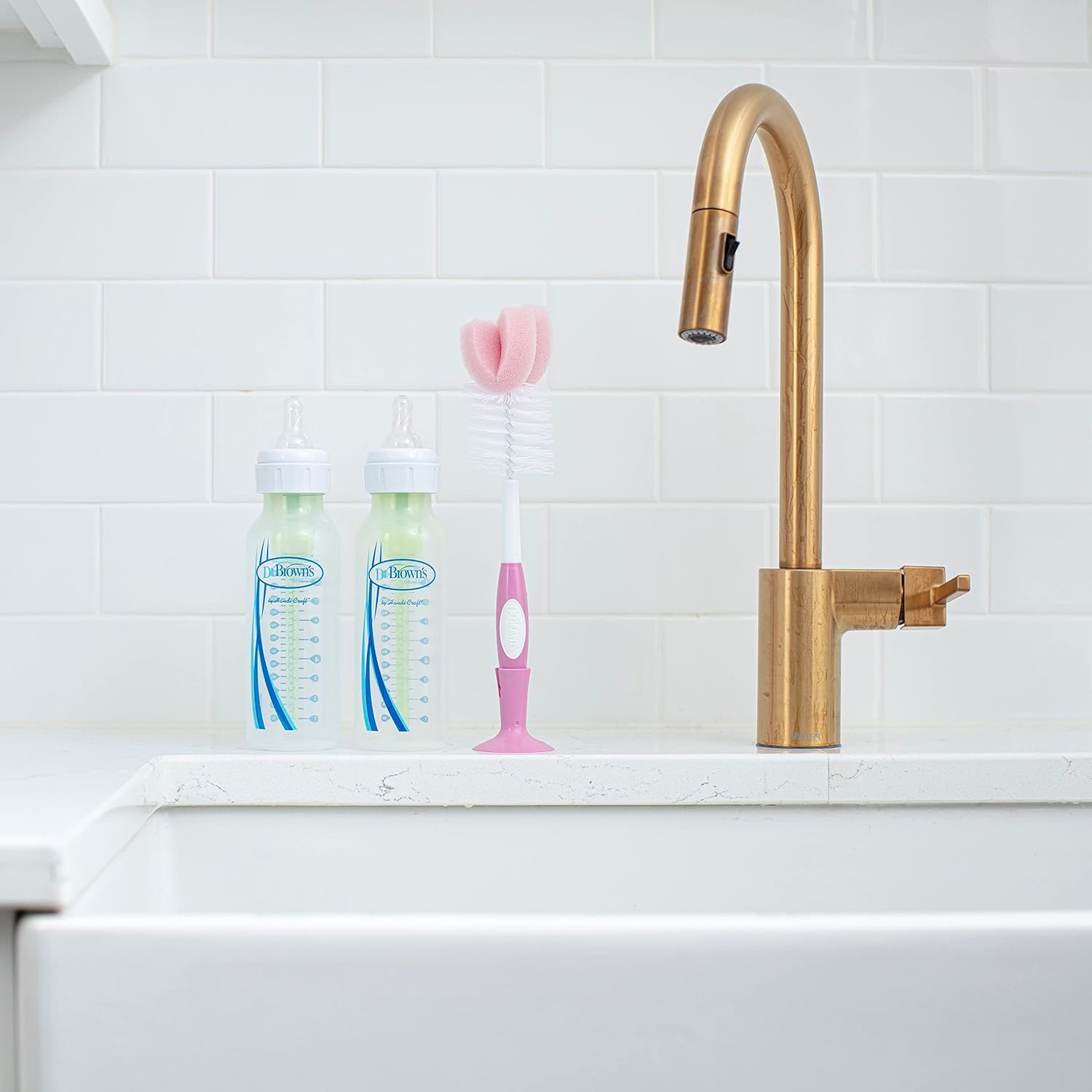 image:imageDr Browns Reusable Sponge Baby Bottle Cleaning Brush with Suction Cup Stand Scrubber and Nipple Cleaner Pink 1PackPink Bottle Brush