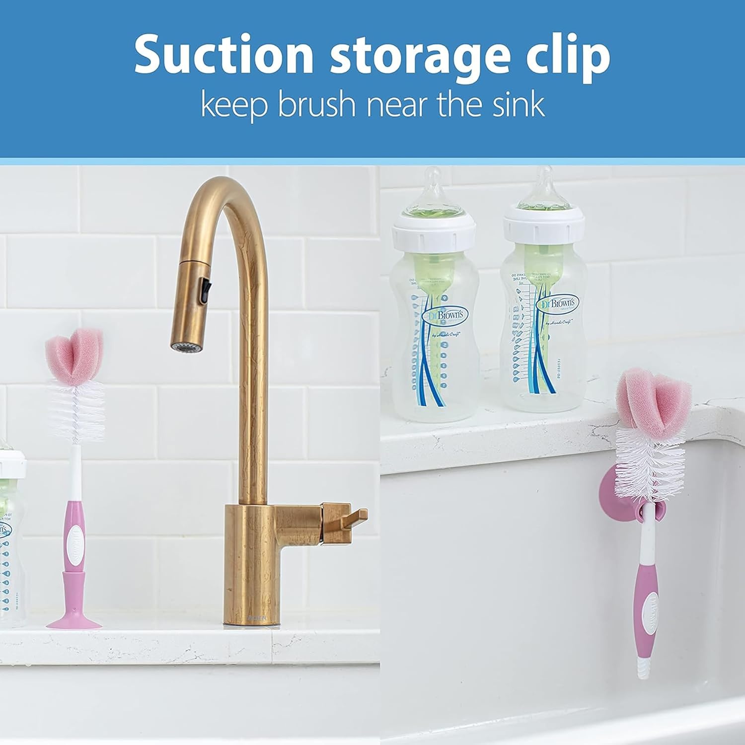 image:imageDr Browns Reusable Sponge Baby Bottle Cleaning Brush with Suction Cup Stand Scrubber and Nipple Cleaner Pink 1PackPink Bottle Brush